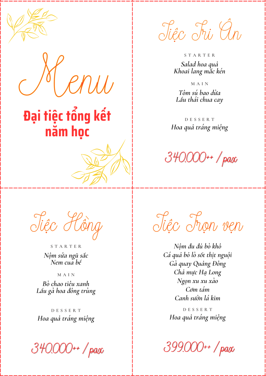 Menu ưu đãi dành tham khảo dành cho buổi Tổng kết năm học